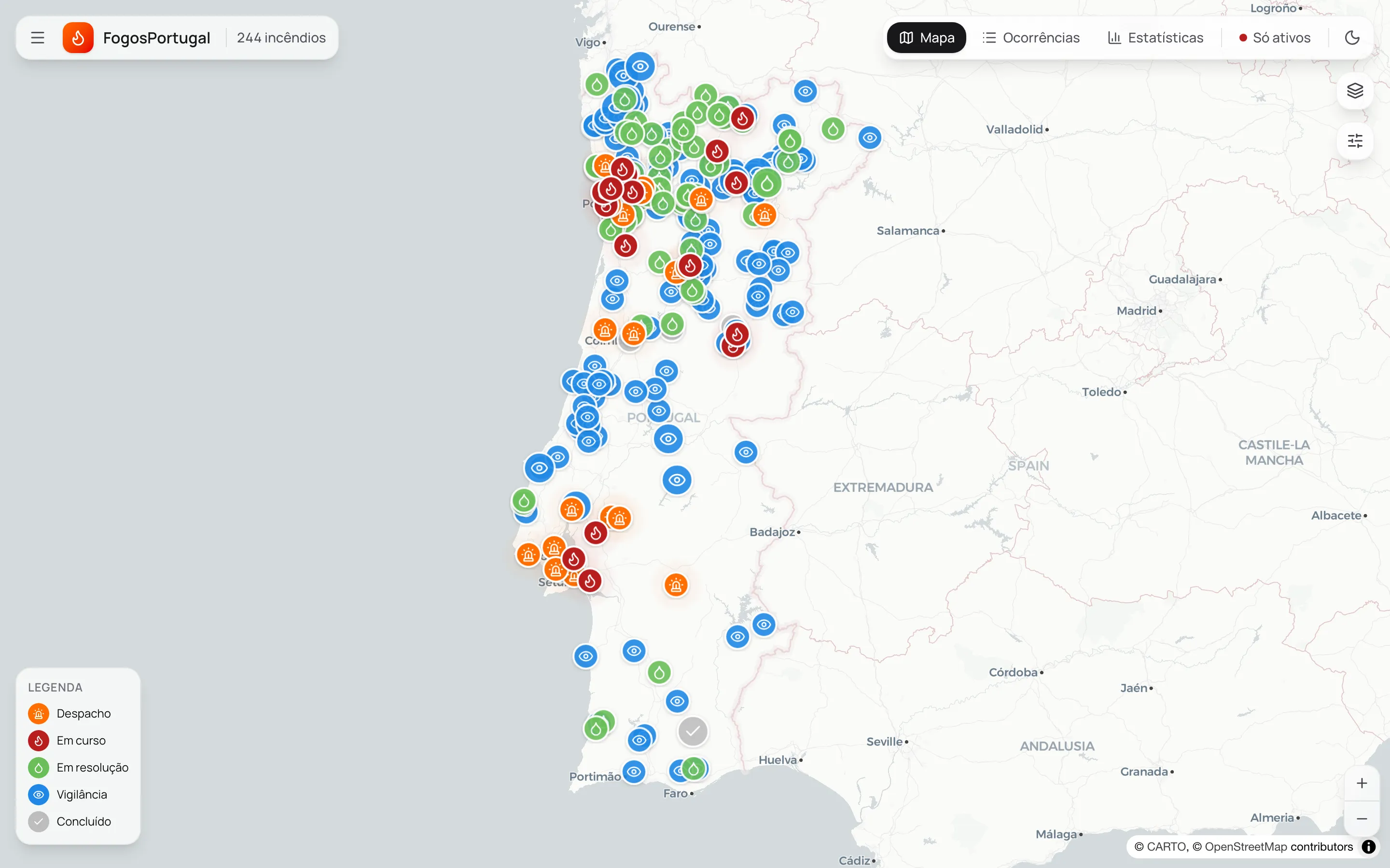 The FogosPortugal map with active incidents across Portugal.